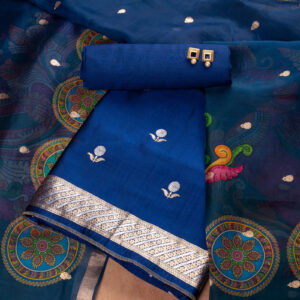 Pure Silk with Organza Kalamkari (Royal Blue)